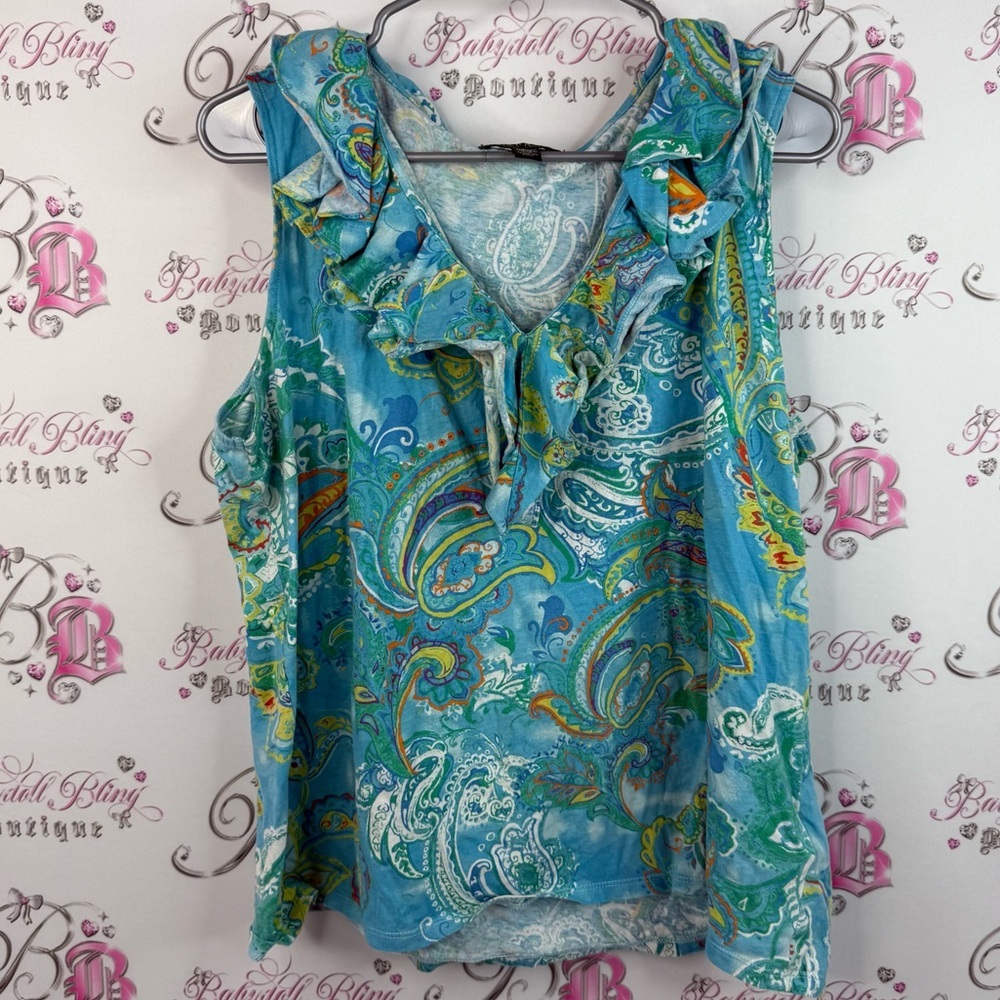 Ralph Lauren tank top, multicolor, rainbow, frilly, Blue Paisley Ruffle Blouse